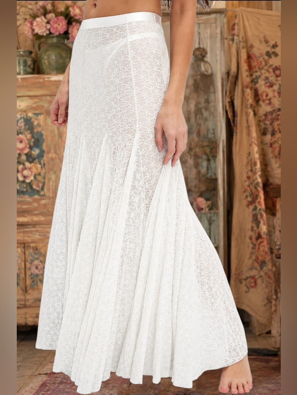 Free People boho Long White Lace Peasant Bohemian Maxi Shabby Chic Skirt Xl New - Picture 3 of 3